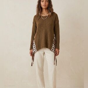 A'Reve Brown Sweater with Gingham Side Details Small